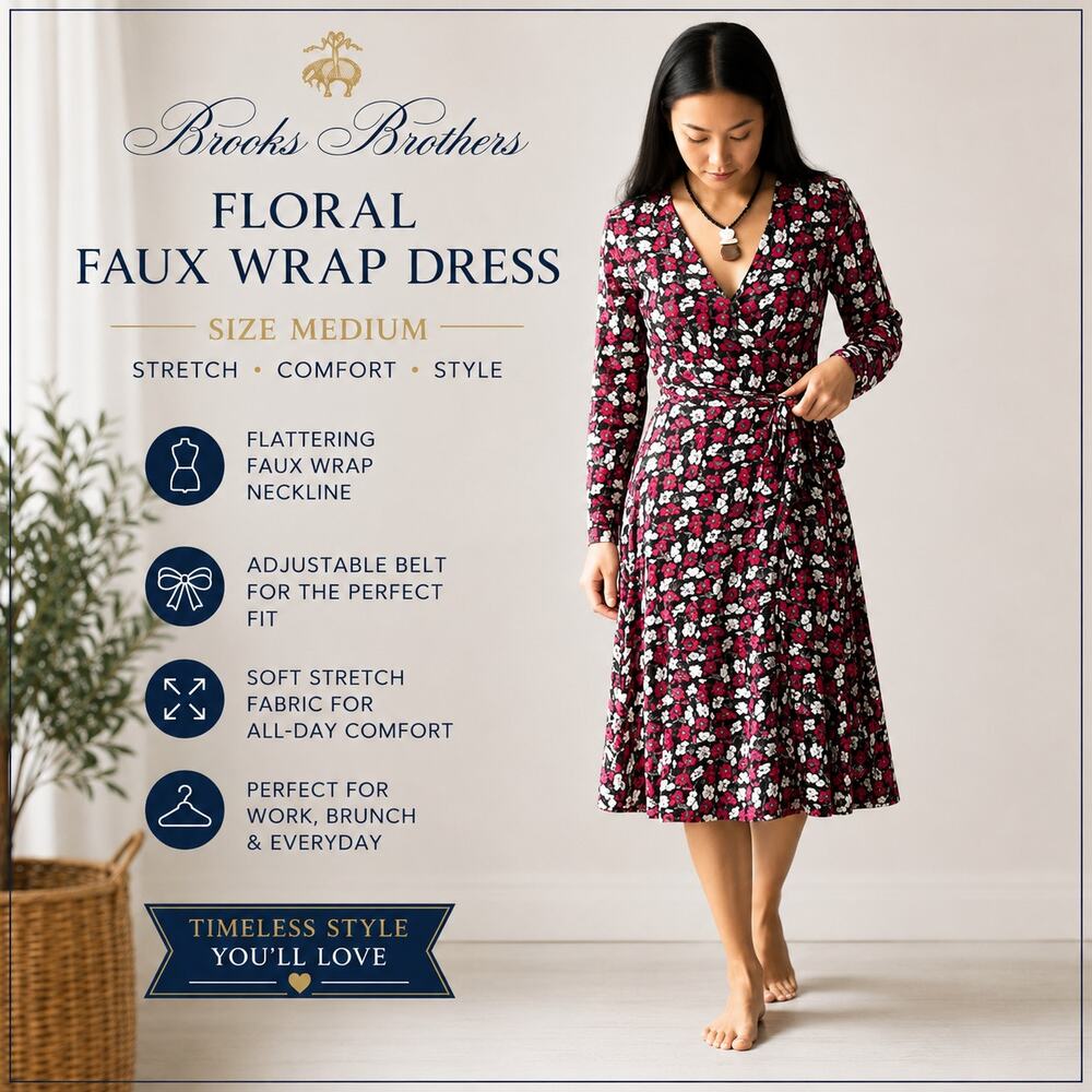 Brooks Brothers Faux Wrap Dress Size M Floral Belted Jersey Stretch Long Sleeve
